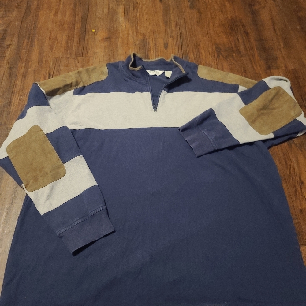 Orvis Knit Cotton Blend Heathered Blue 1/4 Zip Sweater Leather Accent Elbow Pads